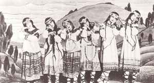 Tancerze w strojach ludowych podczas prapremiery „Święta wiosny” w des Champs-Elysée